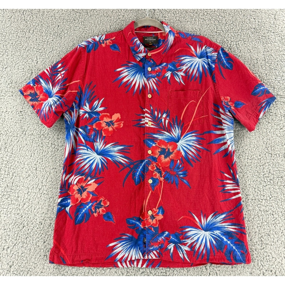 Quiksilver Waterman Collection Button-Up Shirt Men Large Red Floral Short Sleeve